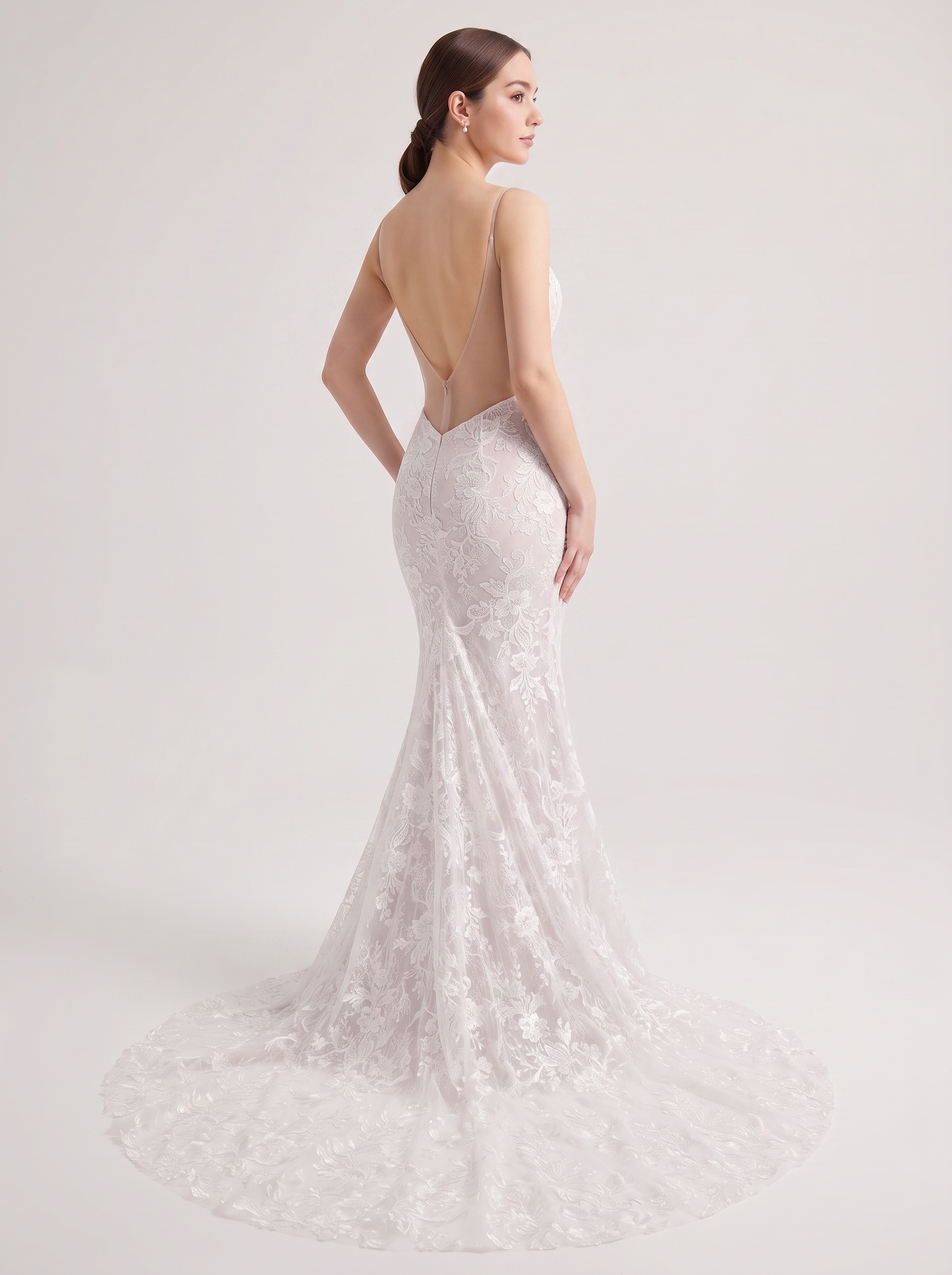Deep V Sleeveless Floral Lace Mermaid Wedding Dress with Long Train