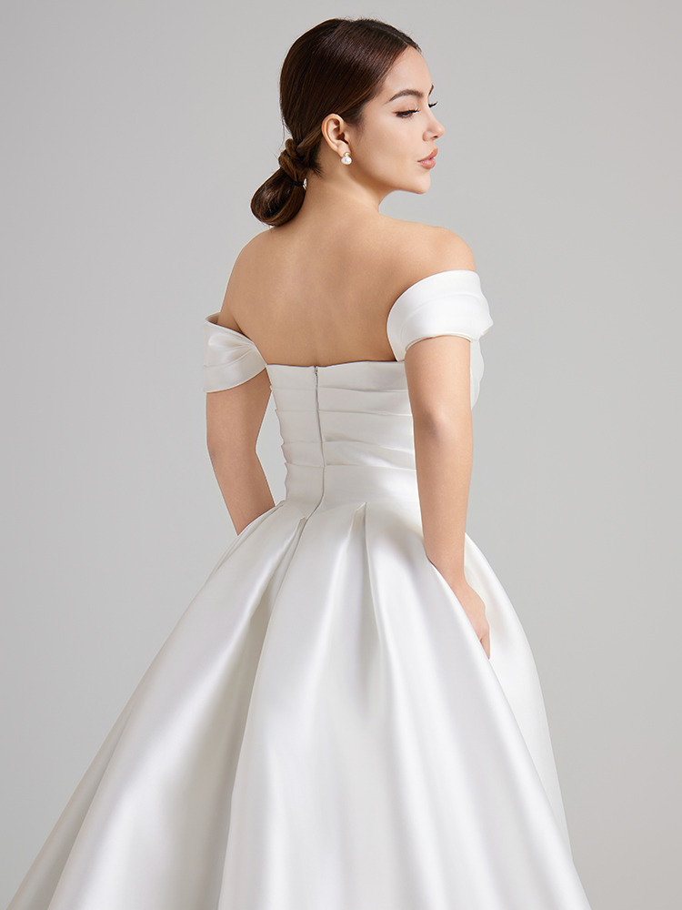 Luxury Plain Satin Bridal Ballgown, Classic Off Shoulder Wedding Gown