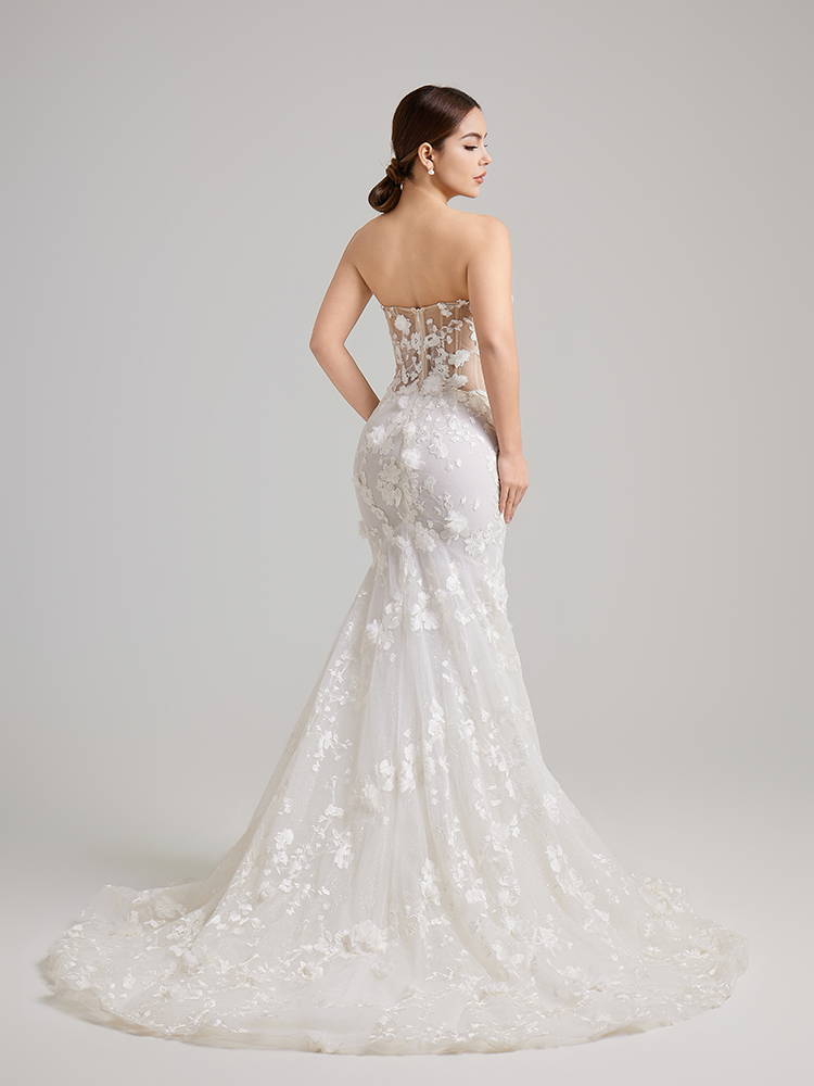 Strapless 3D Floral Lace Mermaid Wedding Dress with Detachable Overskirt & Sheer Corset