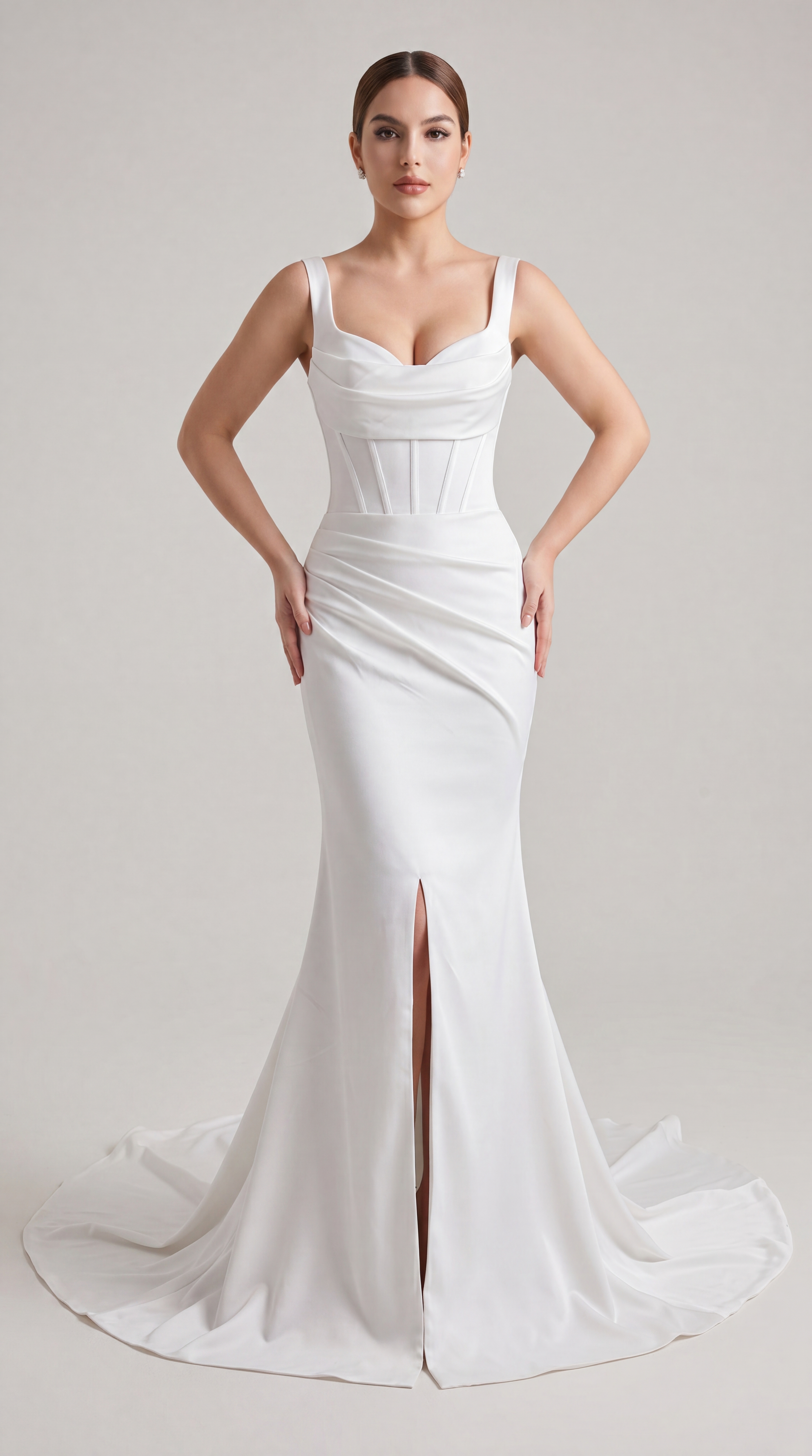 Satin Cowl Neck Mermaid Wedding Dress with Ruched Waist & Front Slit