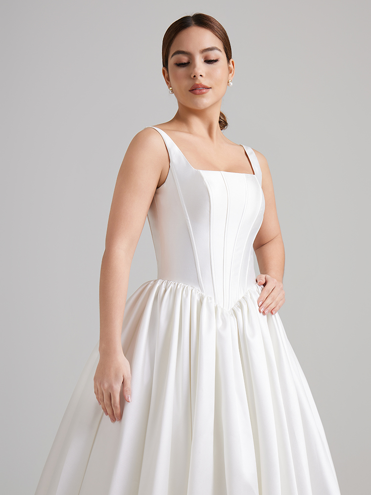 Square Neck Spaghetti Strap Corset Taiwan Satin Ball Gown Wedding Dress with Sweep Train