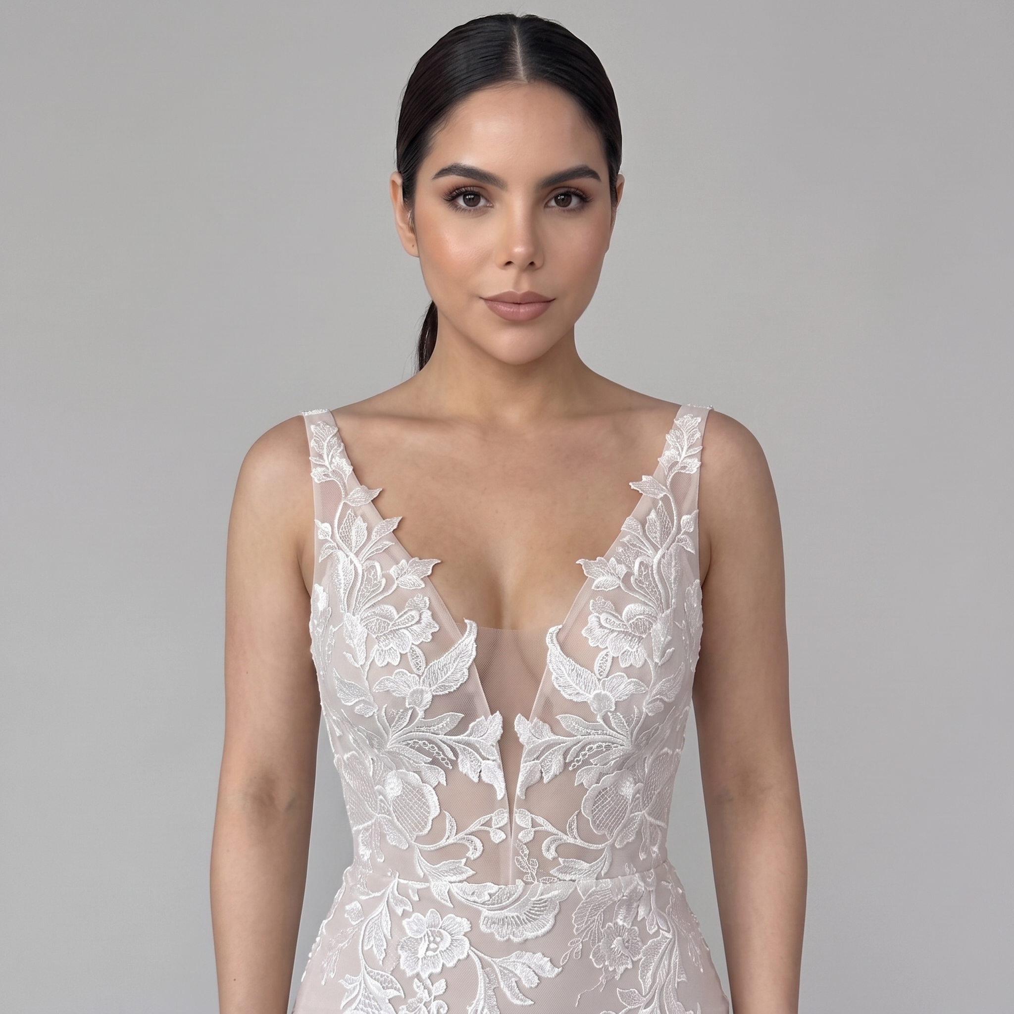 Deep V Sleeveless Floral Lace Mermaid Wedding Dress with Long Train