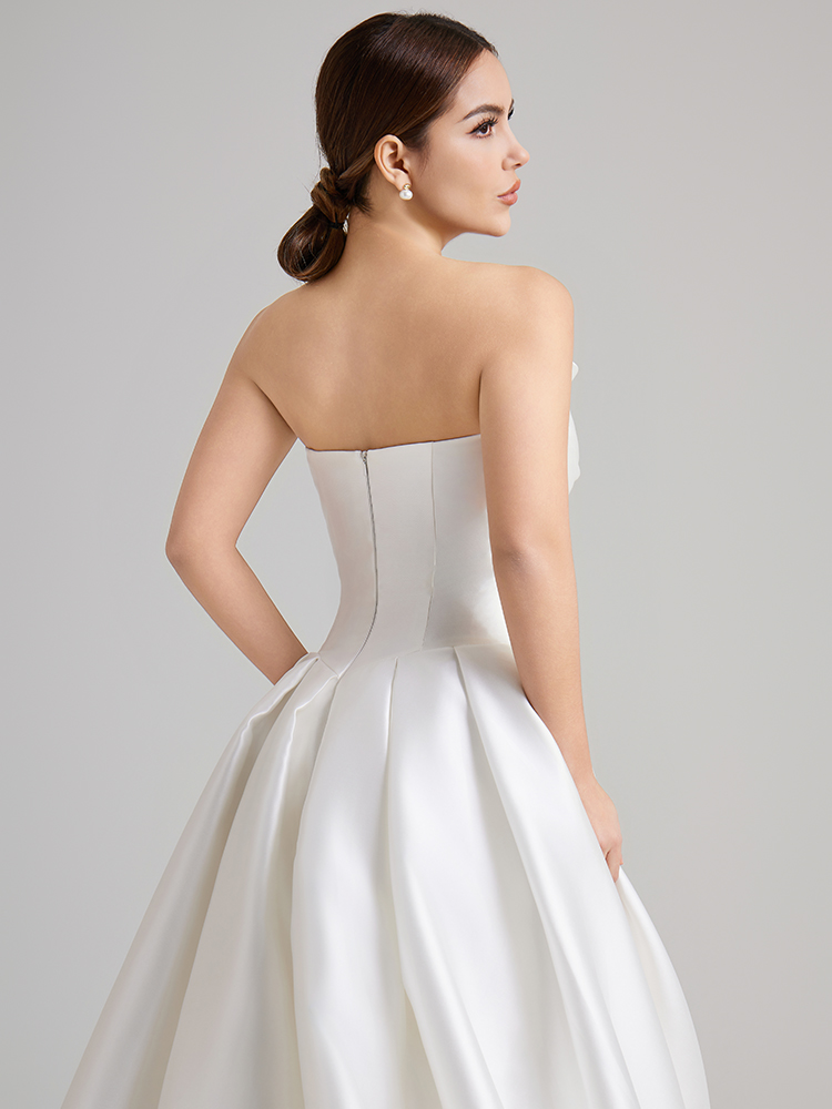 Strapless Bow Bodice Satin Ball Gown Wedding Dress with Side Pockets & Sweep Train