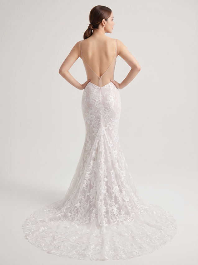 Deep V Sleeveless Floral Lace Mermaid Wedding Dress with Long Train