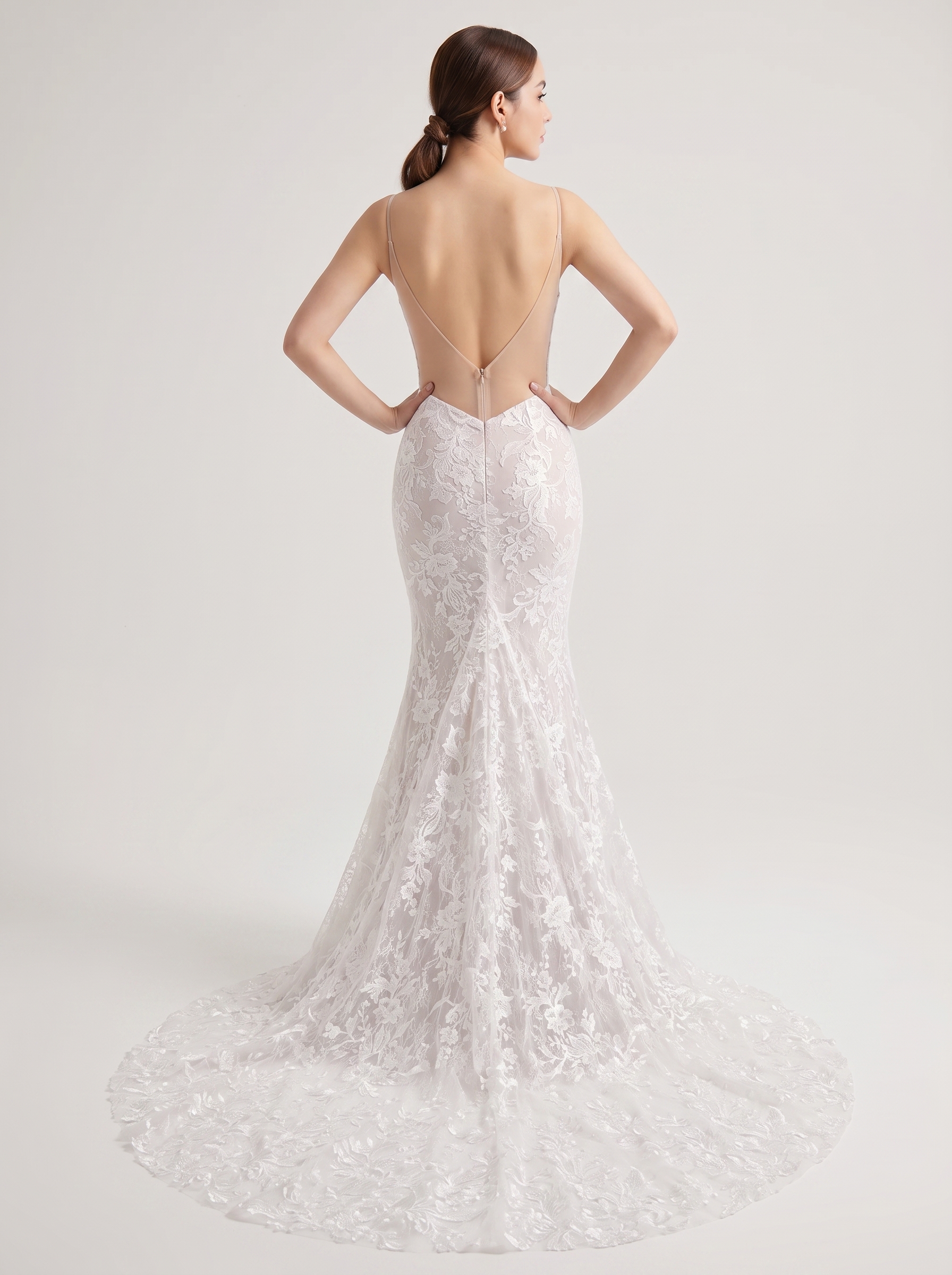 Deep V Sleeveless Floral Lace Mermaid Wedding Dress with Long Train