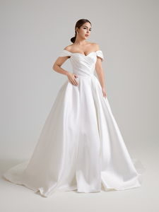 Luxury Plain Satin Bridal Ballgown, Classic Off Shoulder Wedding Gown