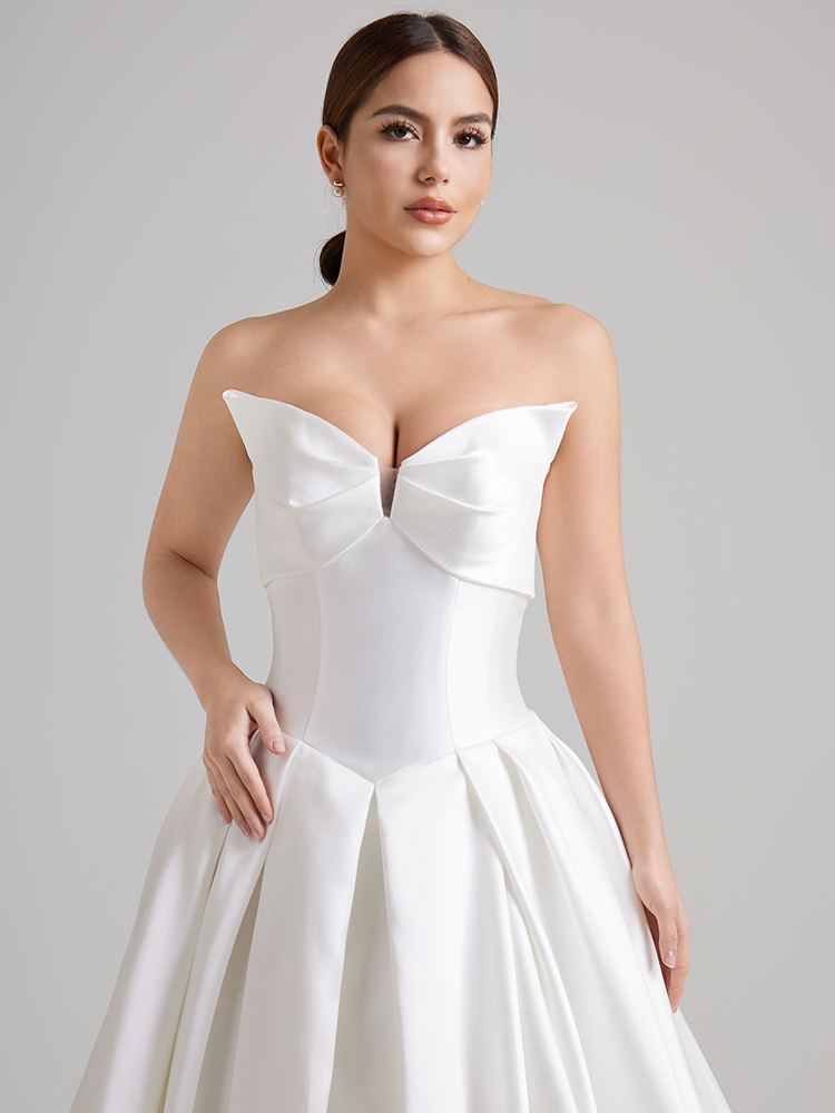 Strapless Bow Bodice Satin Ball Gown Wedding Dress with Side Pockets & Sweep Train