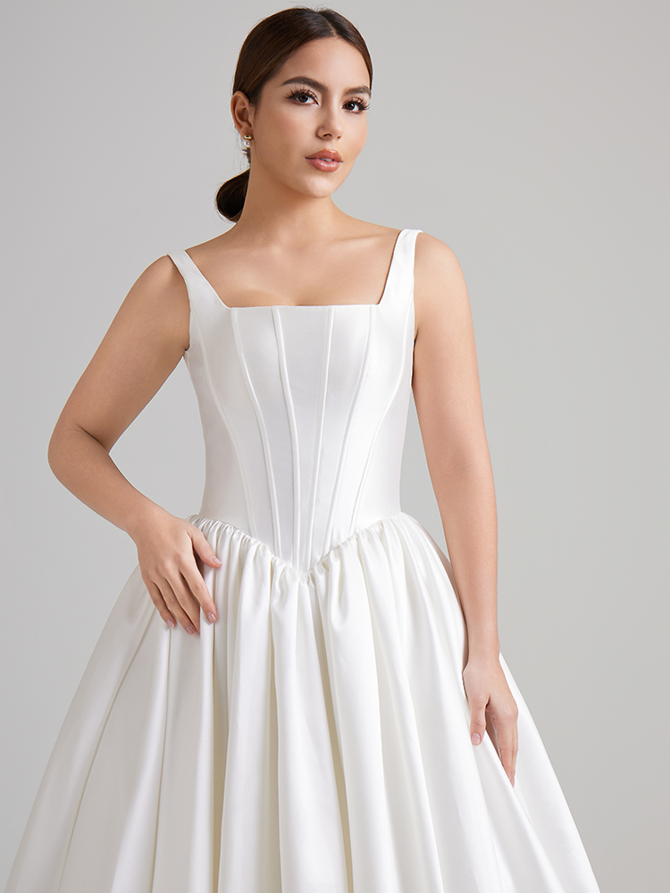Square Neck Spaghetti Strap Corset Taiwan Satin Ball Gown Wedding Dress with Sweep Train
