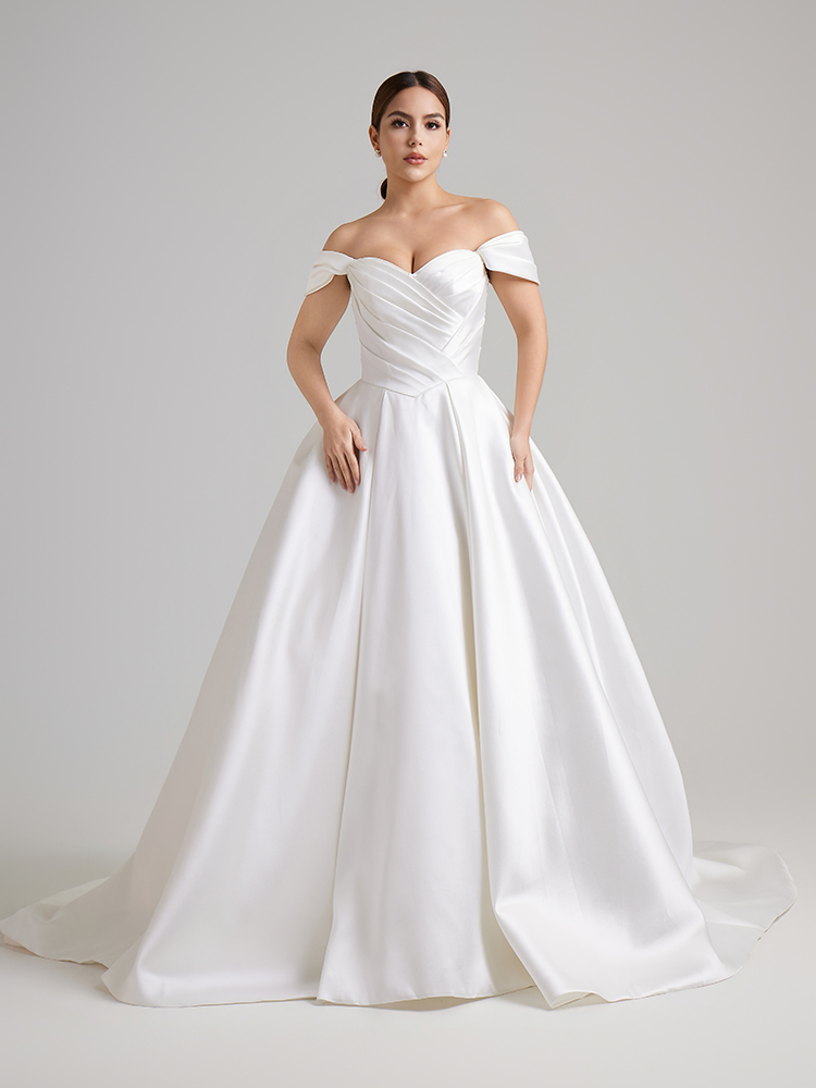 Luxury Plain Satin Bridal Ballgown, Classic Off Shoulder Wedding Gown