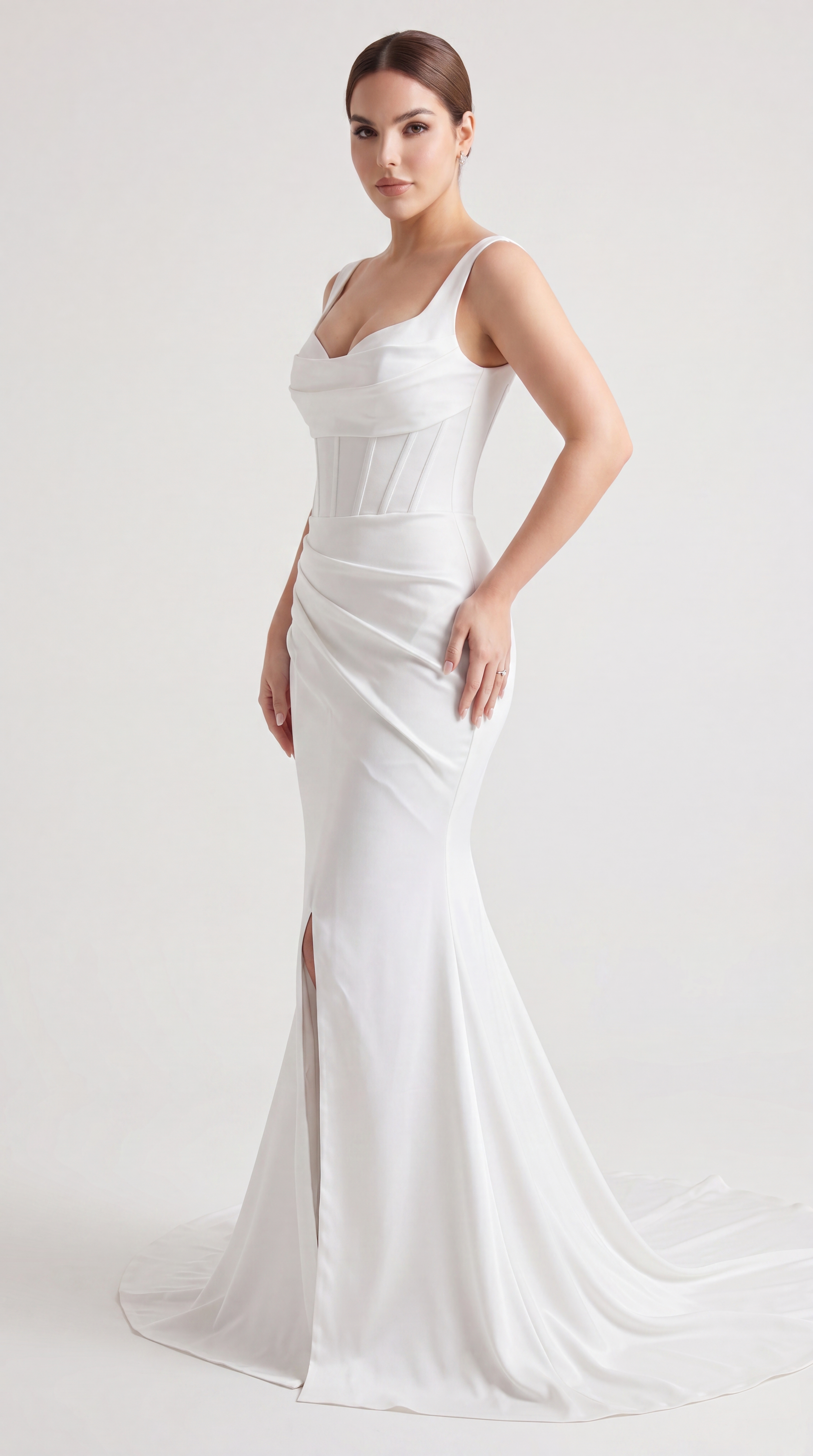 Satin Cowl Neck Mermaid Wedding Dress with Ruched Waist & Front Slit
