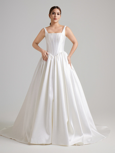 Square Neck Spaghetti Strap Corset Taiwan Satin Ball Gown Wedding Dress with Sweep Train