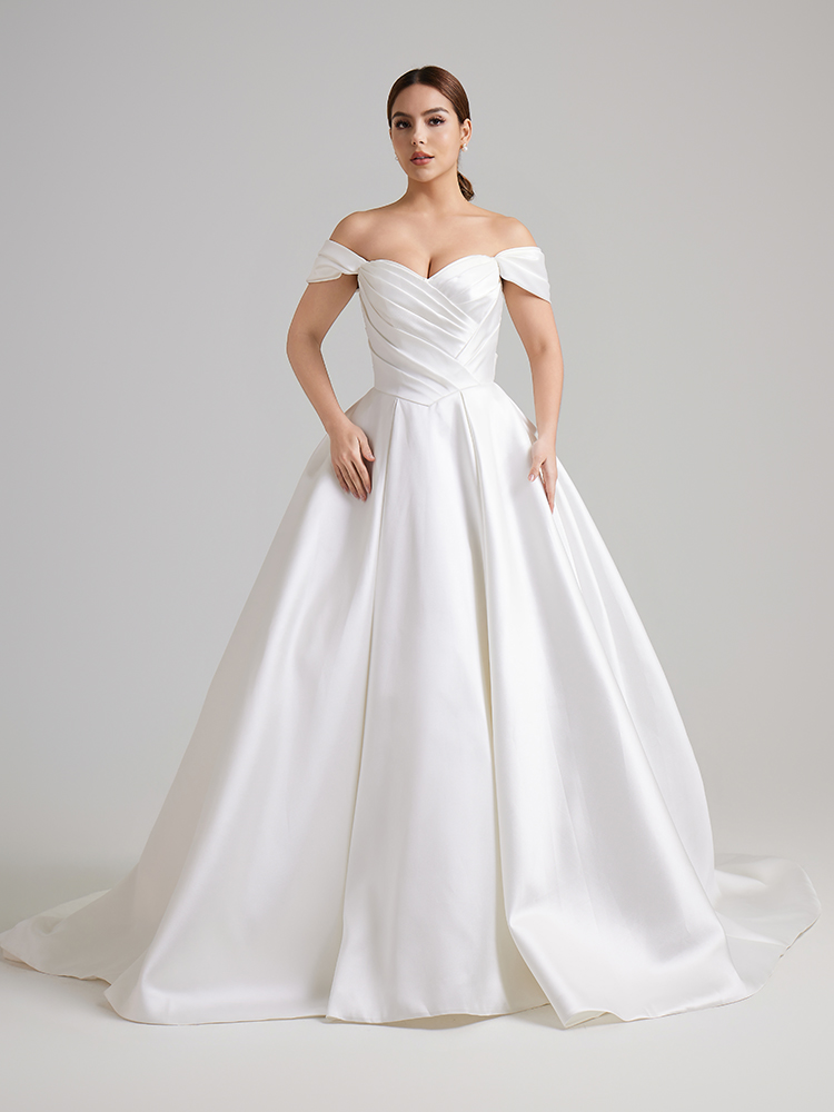 Luxury Plain Satin Bridal Ballgown, Classic Off Shoulder Wedding Gown