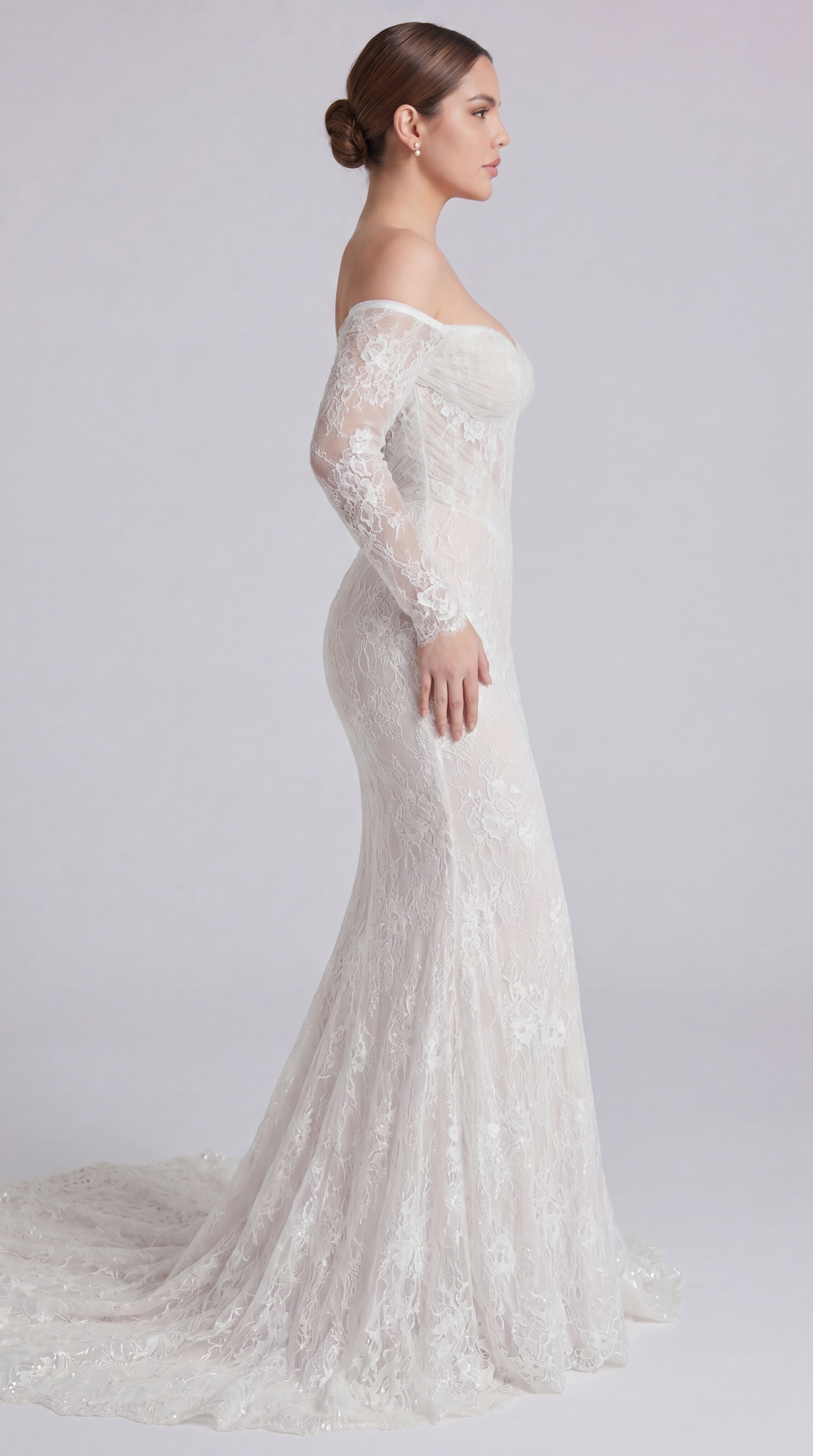 Off-the-Shoulder Long Sleeve Lace Mermaid Wedding Dress with Pleated Tulle Corset Bodice