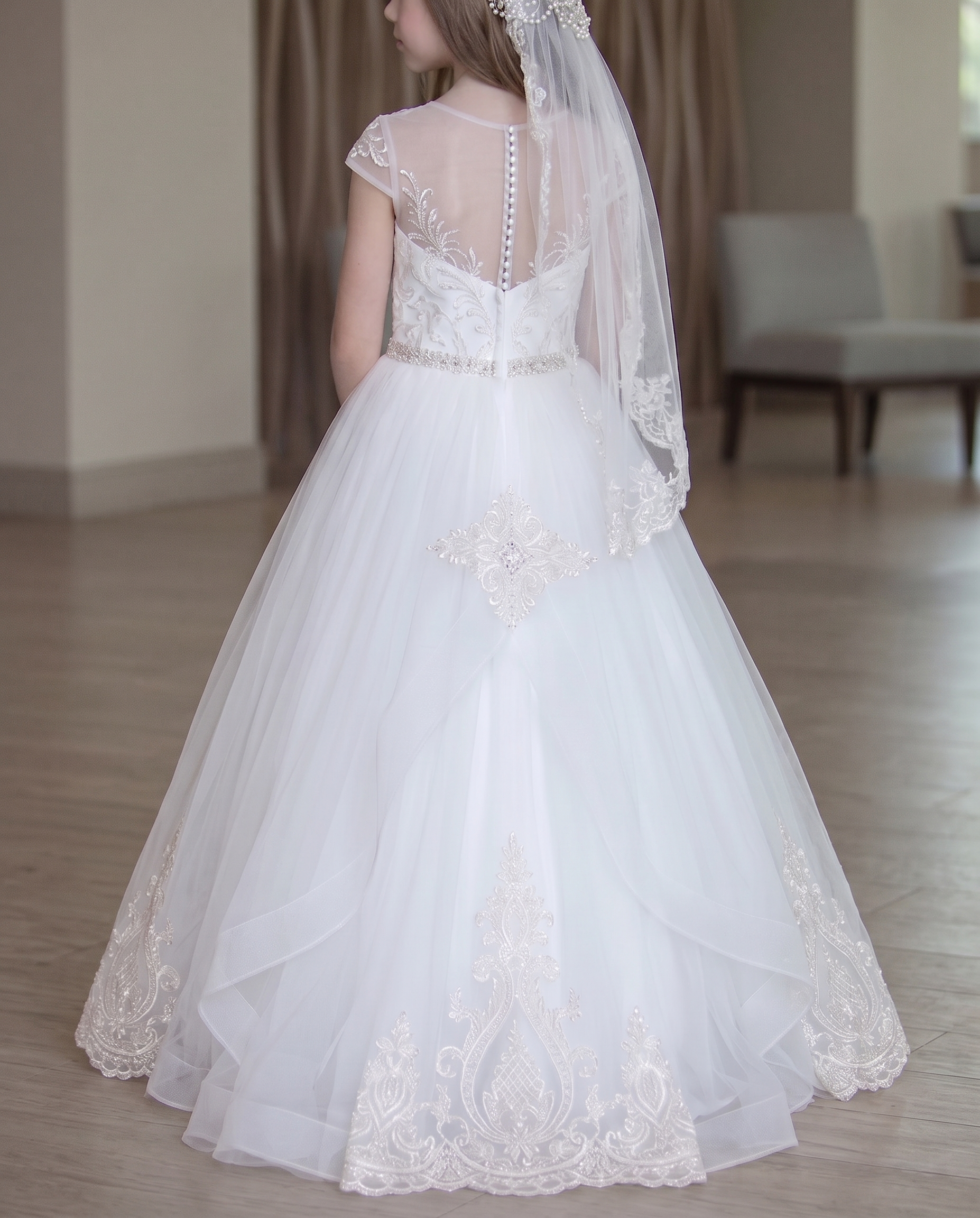 Cap Sleeve Illusion Neck Lace Tulle Ball