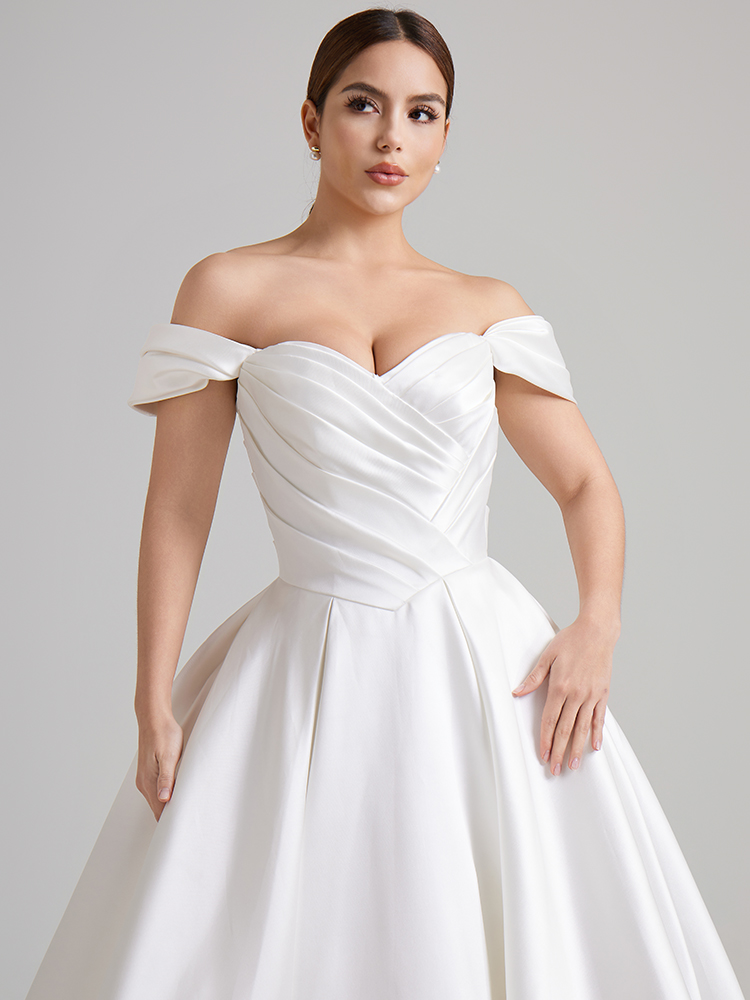 Luxury Plain Satin Bridal Ballgown, Classic Off Shoulder Wedding Gown