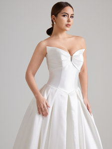 Strapless Bow Bodice Satin Ball Gown Wedding Dress with Side Pockets & Sweep Train