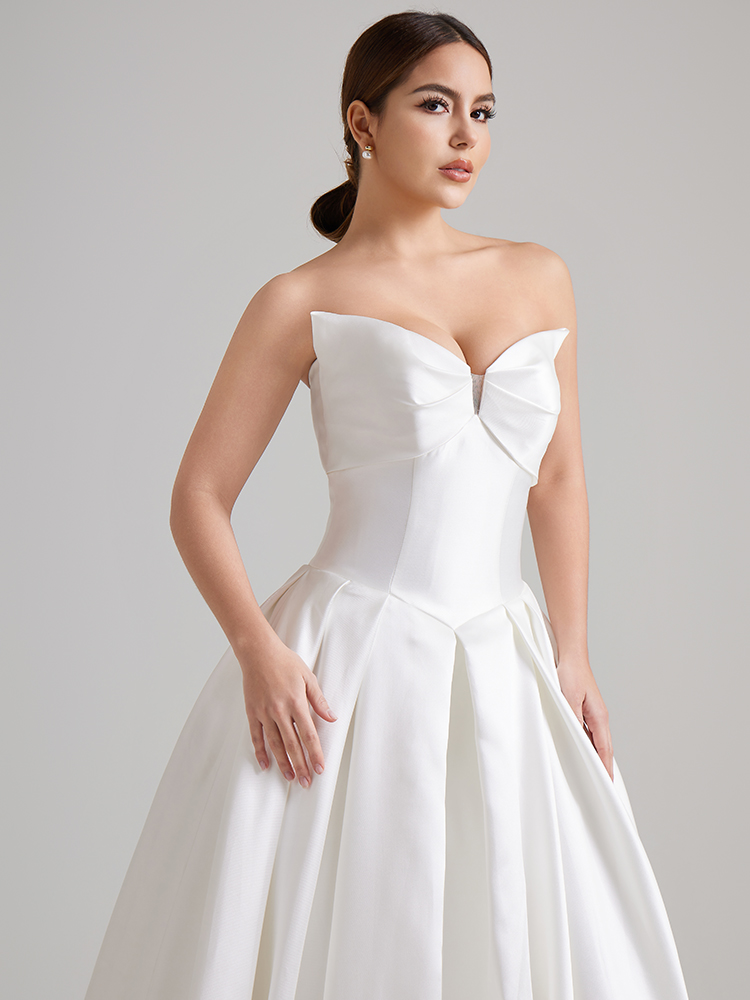 Strapless Bow Bodice Satin Ball Gown Wedding Dress with Side Pockets & Sweep Train
